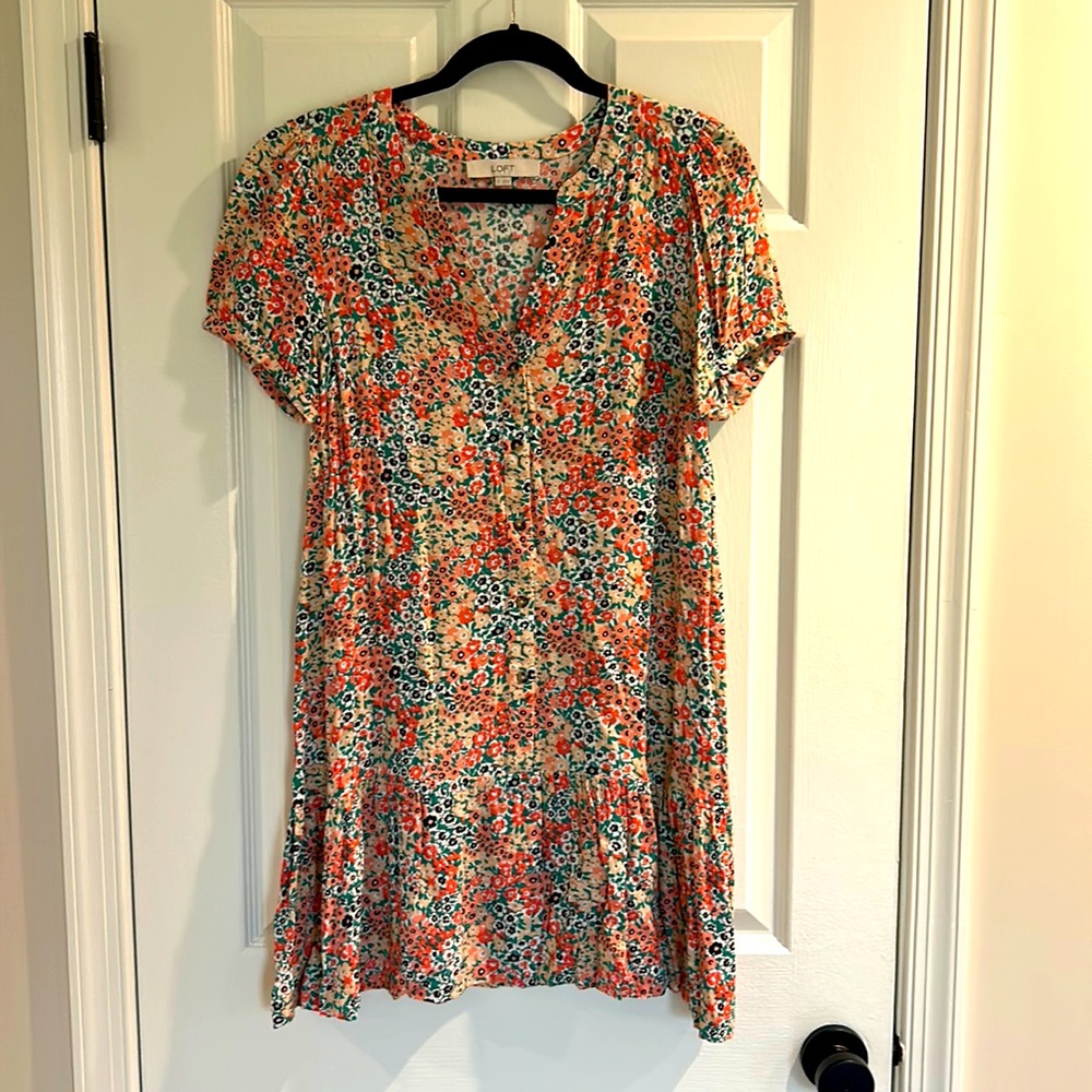 Loft Womens Floral Flounce Mini Shirt Dress Size small Boho Short Sleeve V Neck